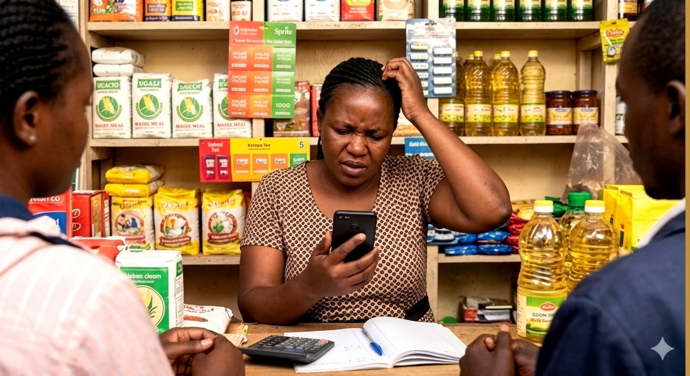 Shopkeeper checking phone