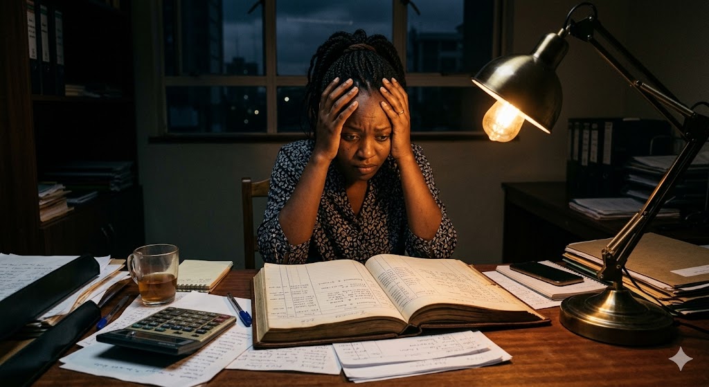 Weary woman looking at ledger