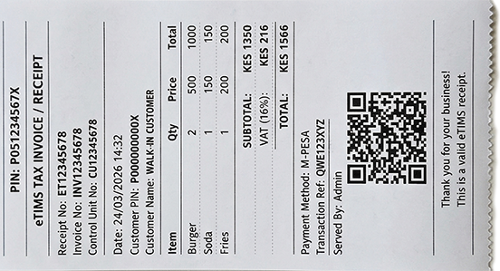 Sample KRA eTIMS compliant receipt